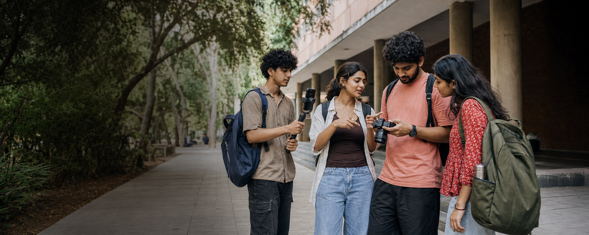 Indian college students creating social media content together on campus