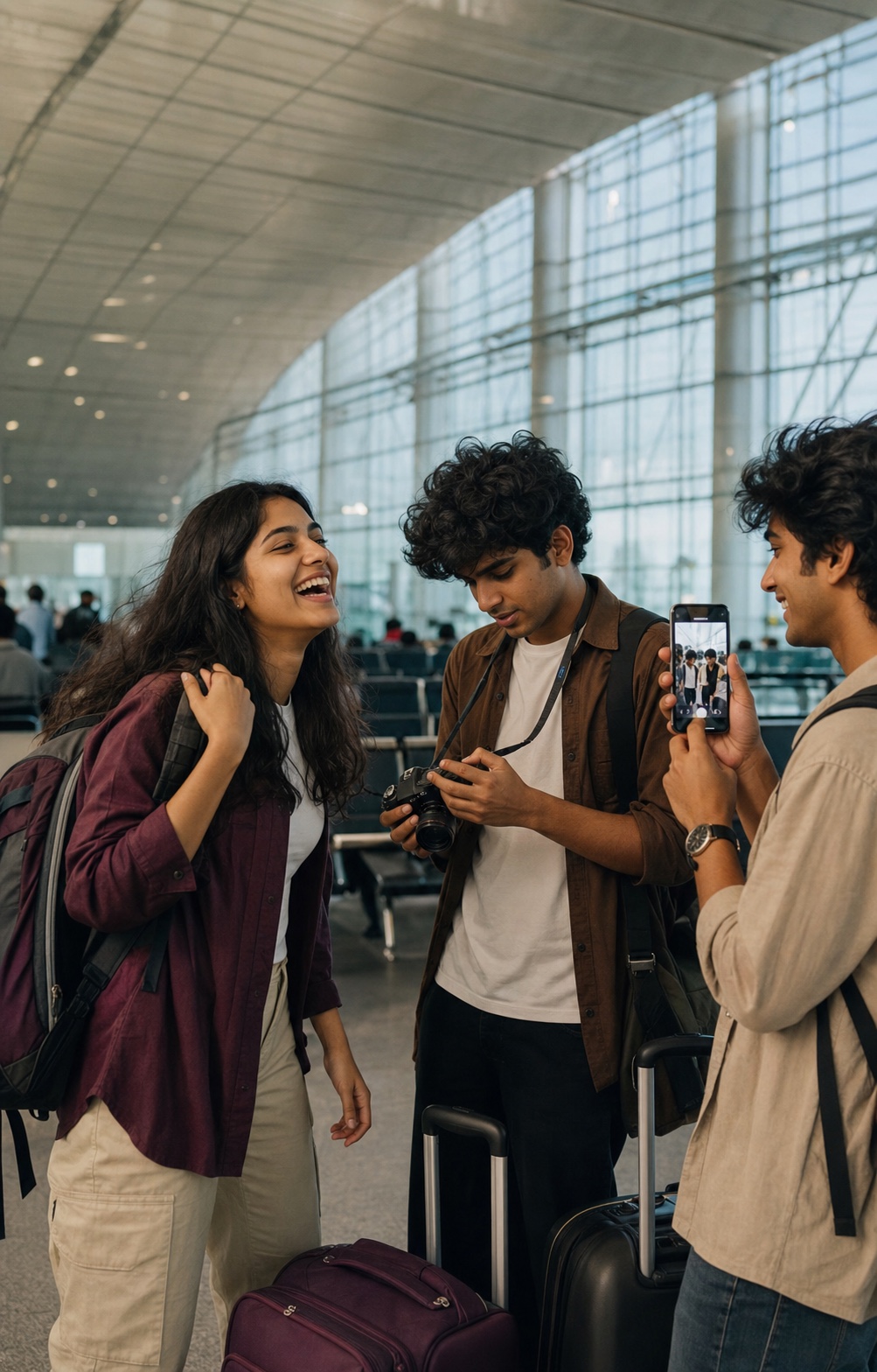 College friends creating travel content together at an airport